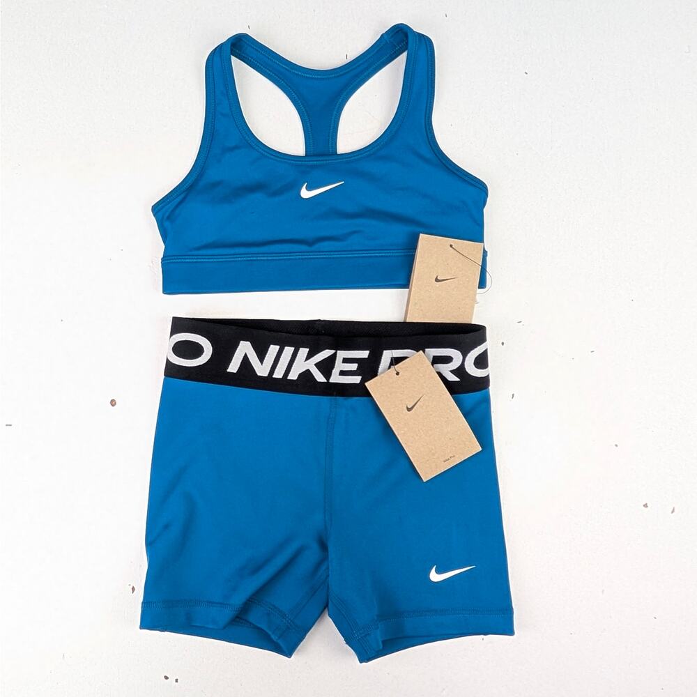 Nike Girls Small Pro Sports Bra & 3" Bike Shorts Set - Green Abyss (Blue)